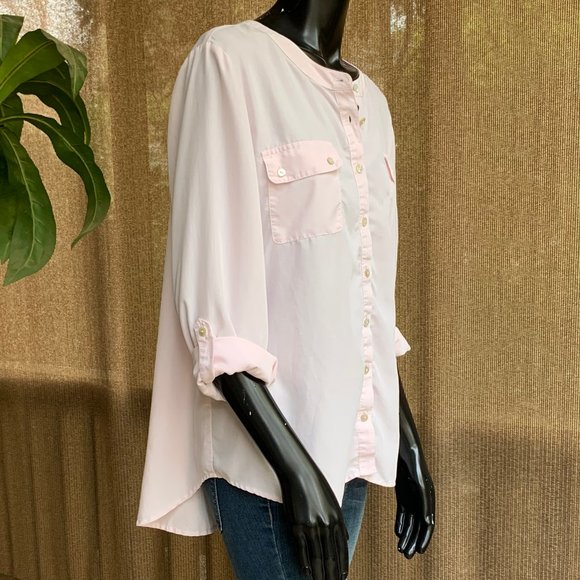 Chicos Collarless Roll Up long Sleeve Top - Picture 6 of 12